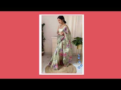 Orgenza || Multi Green Color Pure Organza Silk And Stone Work And Printed Flower Saree With Contrast Blouse