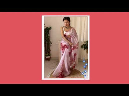 Orgenza Onion Color Pure Organza Silk And Stone Work And Printed Flower Saree With White Blouse