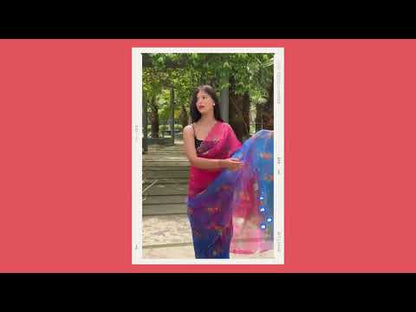 Pink And Blue Soft Organza Multi Colour With Readymade Blouse