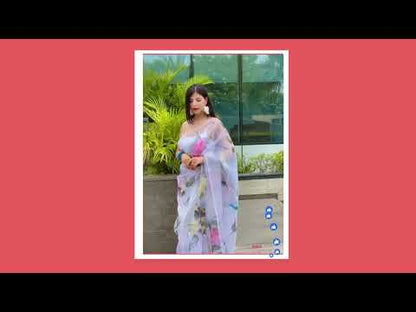 White Organza Saree With Floral Print And Handwork