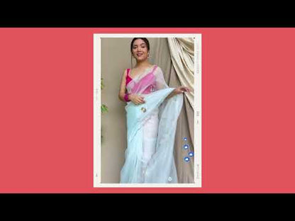 Light Sky Colour Organza Saree With Multi Thread Work