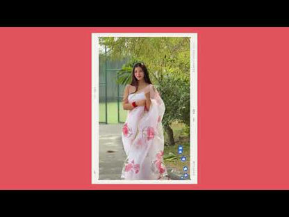 Floral Organza Saree With Golden Border