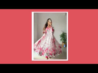 White Floral Organza Anarkali With Dupatta Set