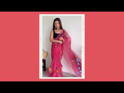 Peach Hand Print Organza Saree