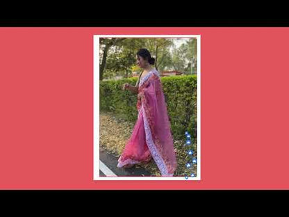 Pink Color Organza Saree With Chikankari Work