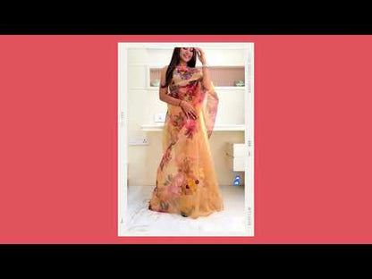 Soft Yellow Floral Organza Silk Saree