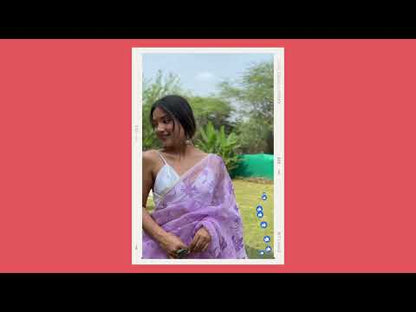 Lavender Colour Organza Saree With Floral Embroidery Work