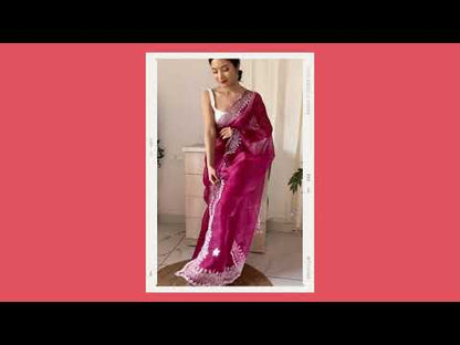 Orgenza Dark Wine Color Pure Heavy Organza Silk And Silver Embroidery Work With Contrast Blouse