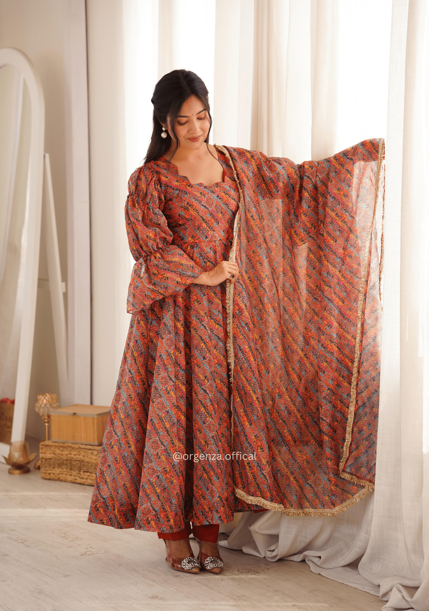 Printed Tebi Organza Puff Sleeve Gown Set - Orgenza Store - digisoch