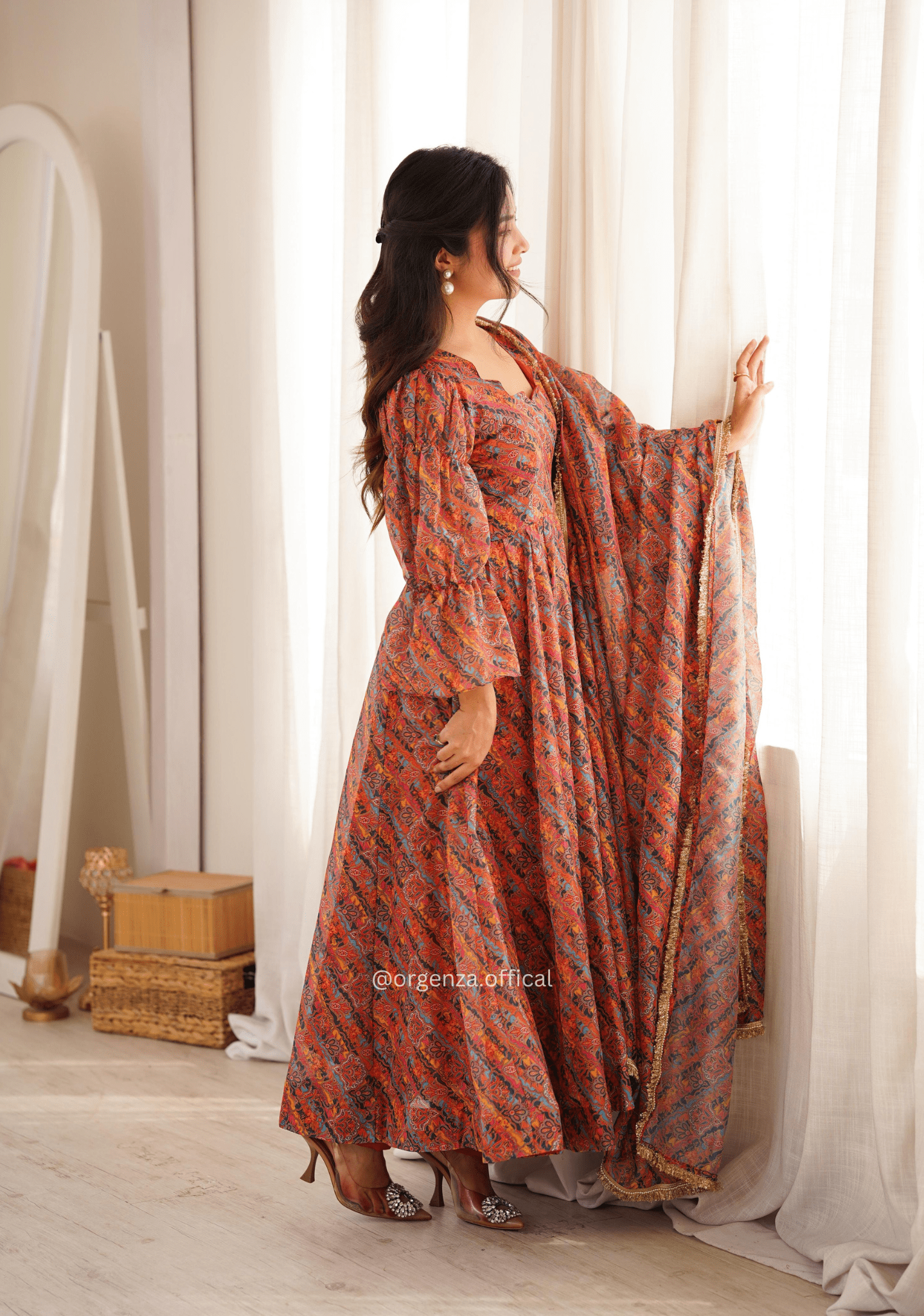 Printed Tebi Organza Puff Sleeve Gown Set - Orgenza Store - digisoch