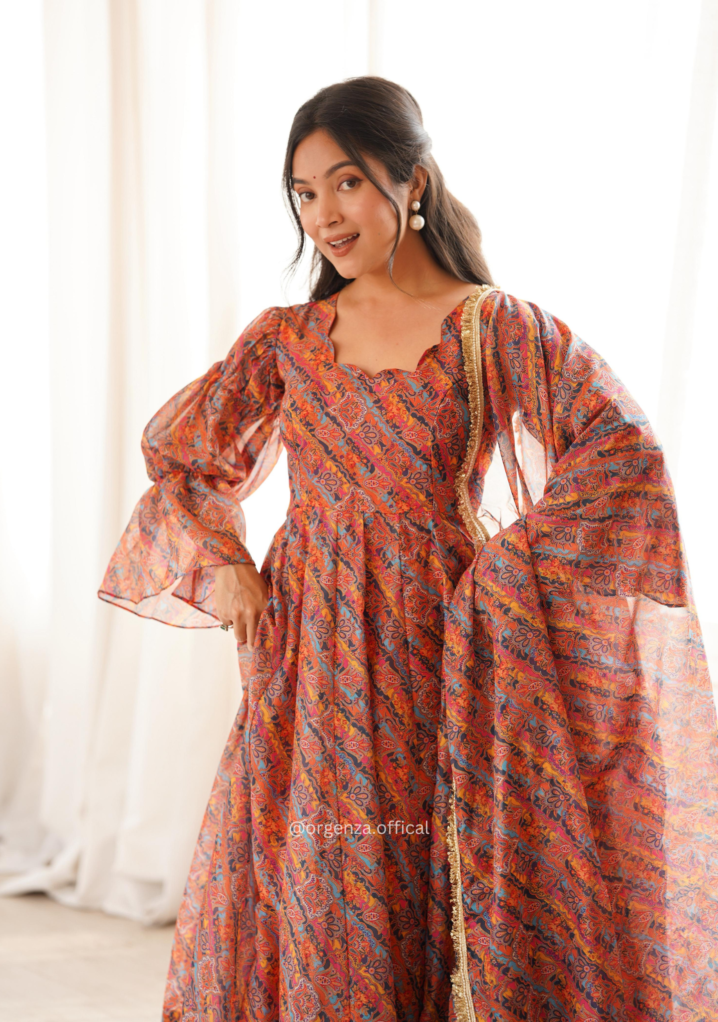 Printed Tebi Organza Puff Sleeve Gown Set - Orgenza Store - digisoch