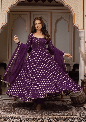 Purple Chanderi Jacquard Gown with Mirror Work - Orgenza Store - digisoch