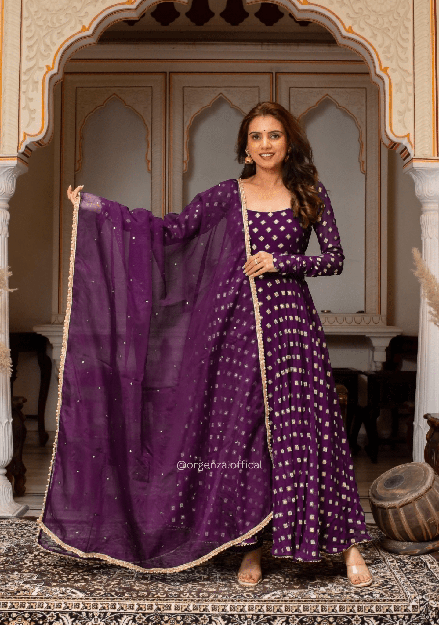 Purple Chanderi Jacquard Gown with Mirror Work - Orgenza Store - digisoch