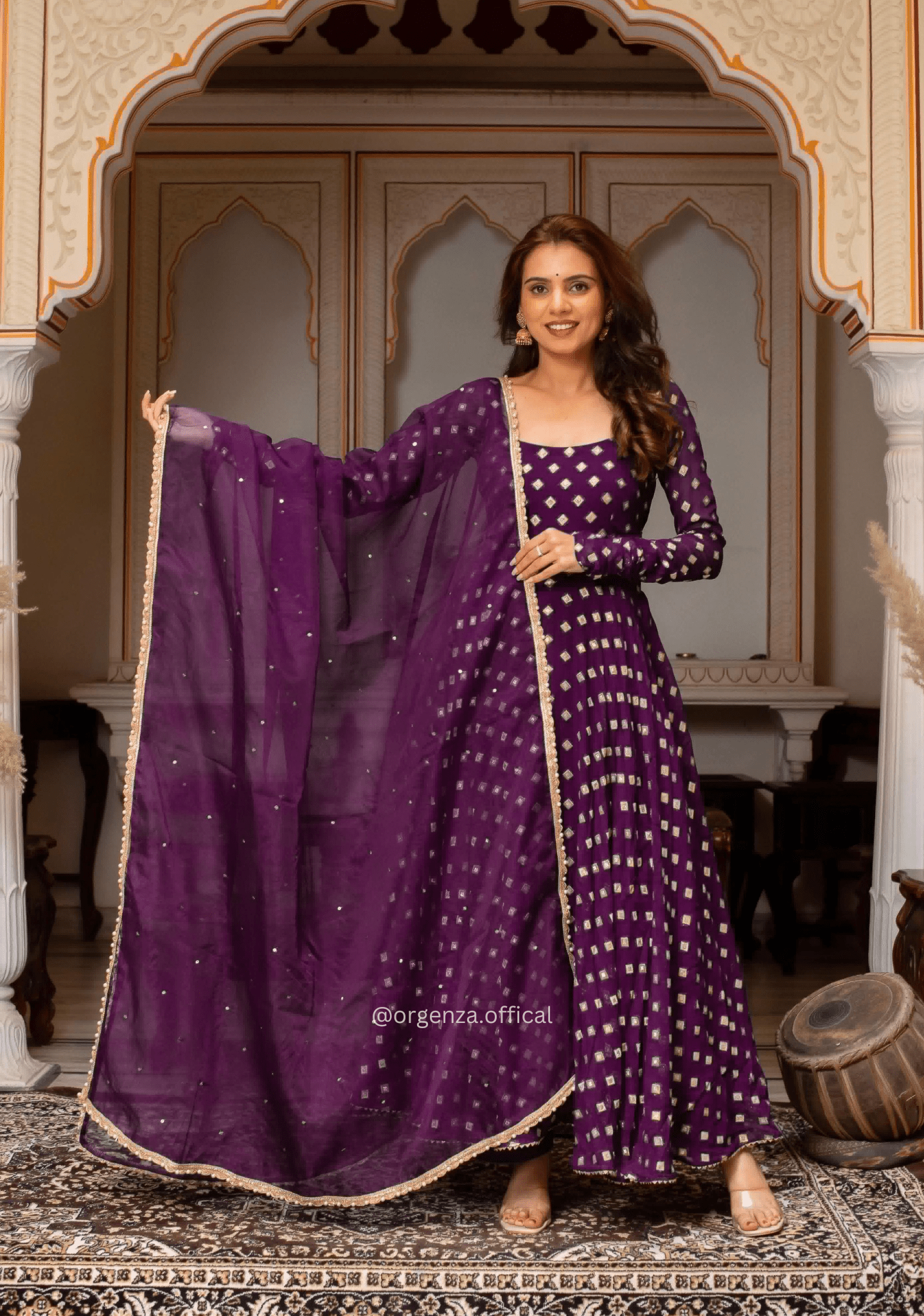 Purple Chanderi Jacquard Gown with Mirror Work - Orgenza Store - digisoch