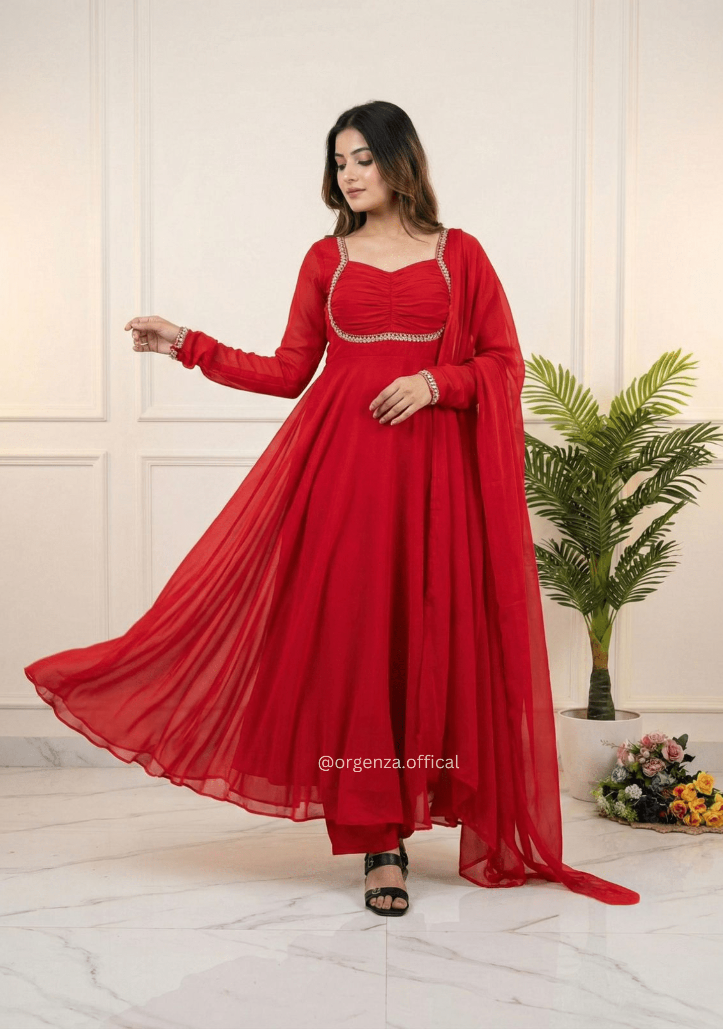 Red Fox Georgette Gown with Dupatta & Pant - Orgenza Store - digisoch
