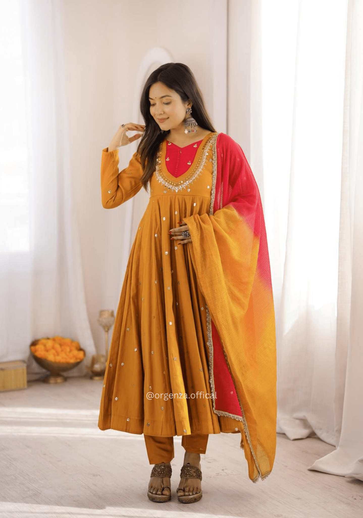 Roman Silk Anarkali Suit Set with Real Mirror Work - Orgenza Store - digisoch