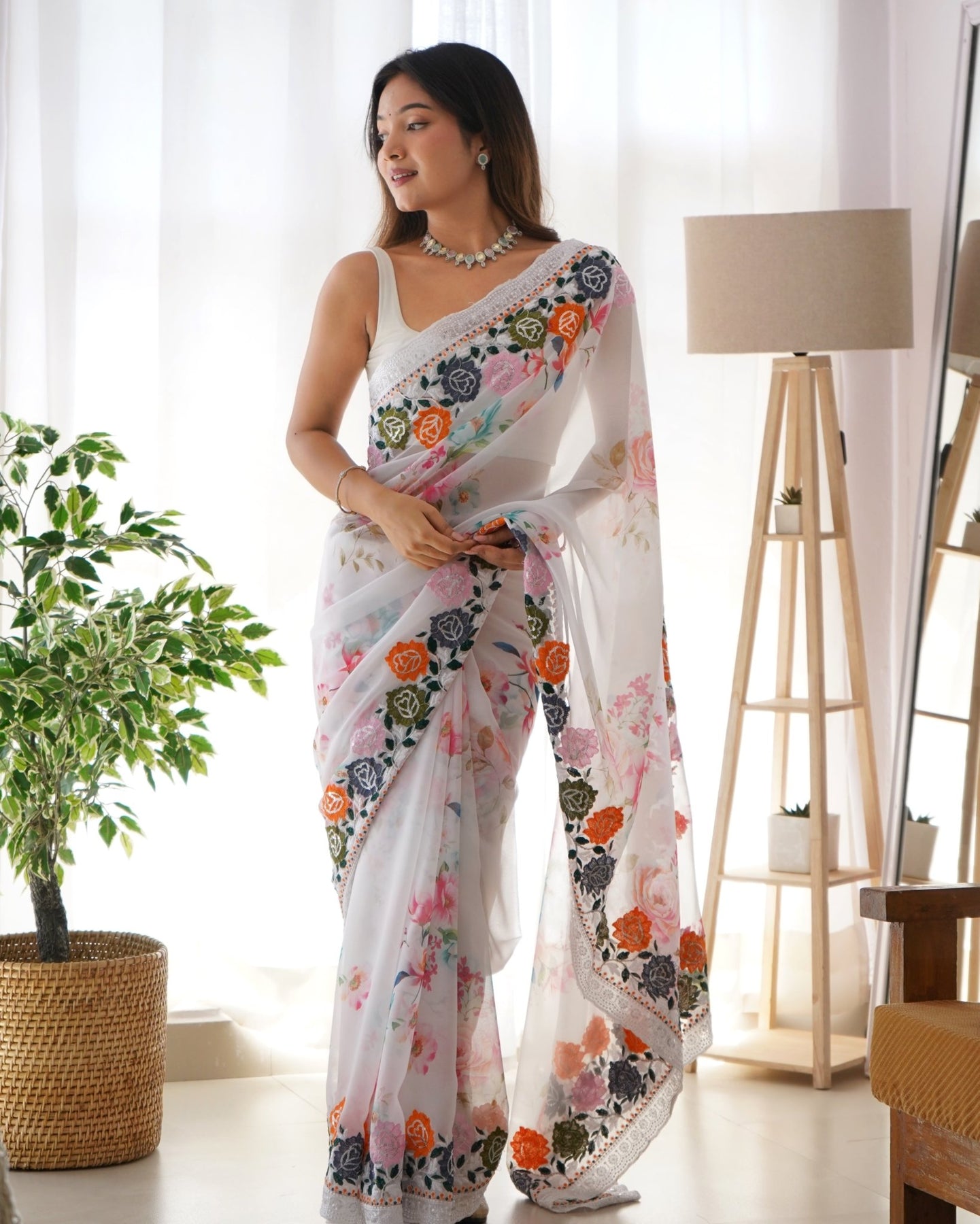 White Floral Organza Saree With Embridory Work - Orgenza Store - digisoch