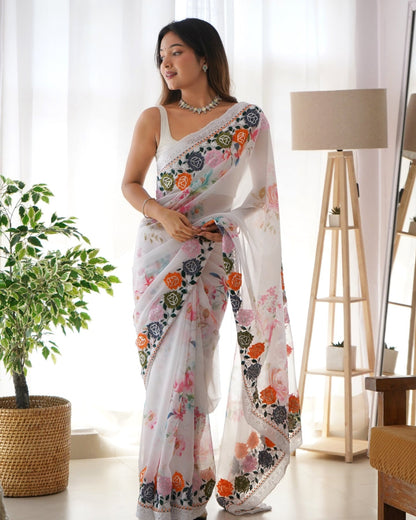 White Floral Organza Saree With Embridory Work - Orgenza Store
