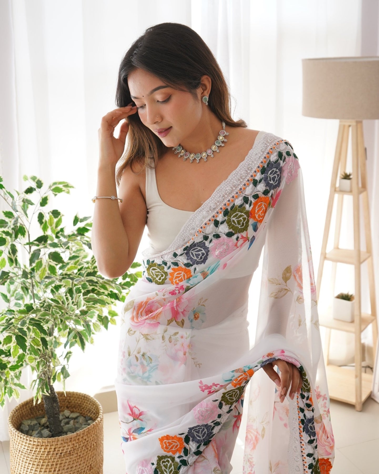 White Floral Organza Saree With Embridory Work - Orgenza Store - digisoch