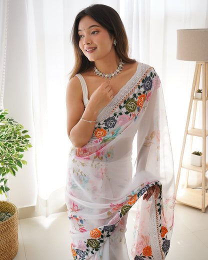 White Floral Organza Saree With Embridory Work - Orgenza Store