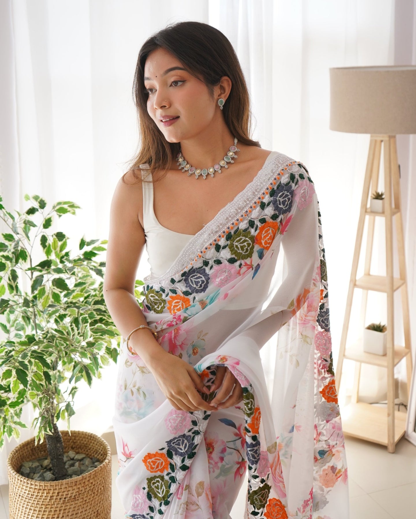 White Floral Organza Saree With Embridory Work - Orgenza Store - digisoch