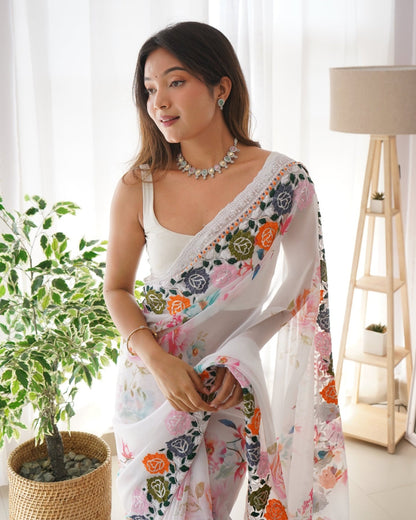 White Floral Organza Saree With Embridory Work - Orgenza Store