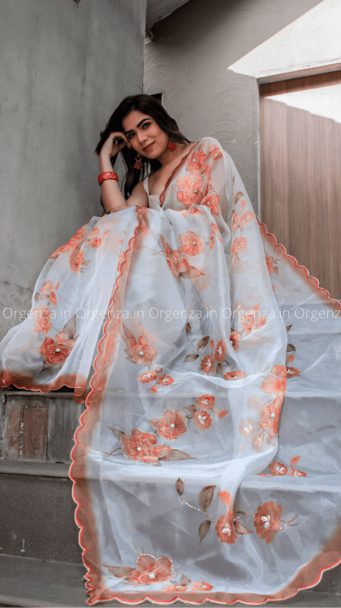 White And Orange Color Floral Printed With Cut Work Saree - Orgenza Store - digisoch