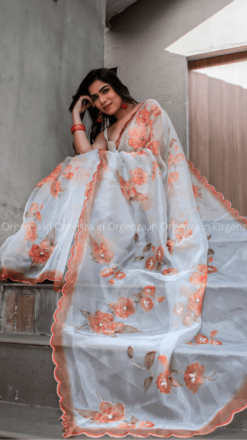White And Orange Color Floral Printed With Cut Work Saree - Orgenza Store