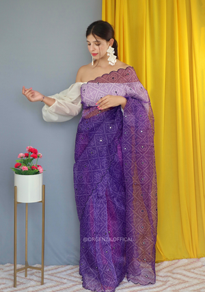 Purple Colour Bandhani Printed Organza Saree - Orgenza Store