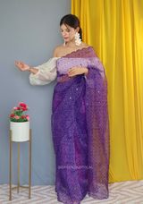 Purple Colour Bandhani Printed Organza Saree