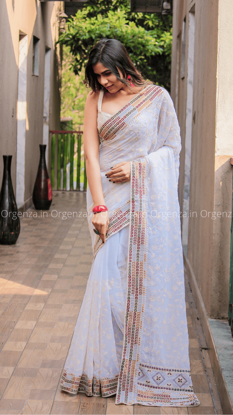 Pure White Soft Georgette Silk Saree With Embroidery Work - Orgenza Store