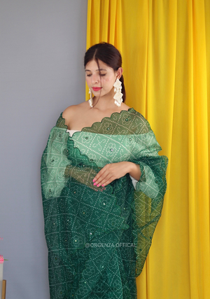 Bottle Green Bandhani Print Organza Saree - Orgenza Store