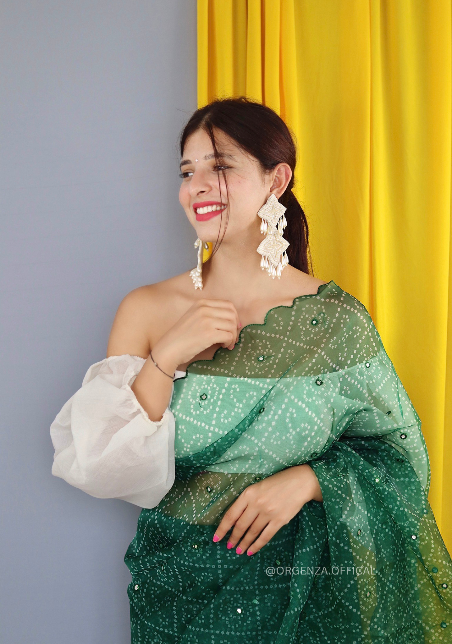 Bottle Green Bandhani Print Organza Saree - Orgenza Store