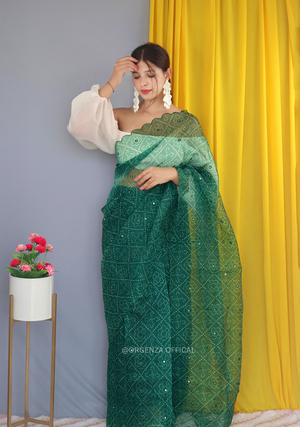 Bottle Green Bandhani Print Organza Saree - Orgenza Store