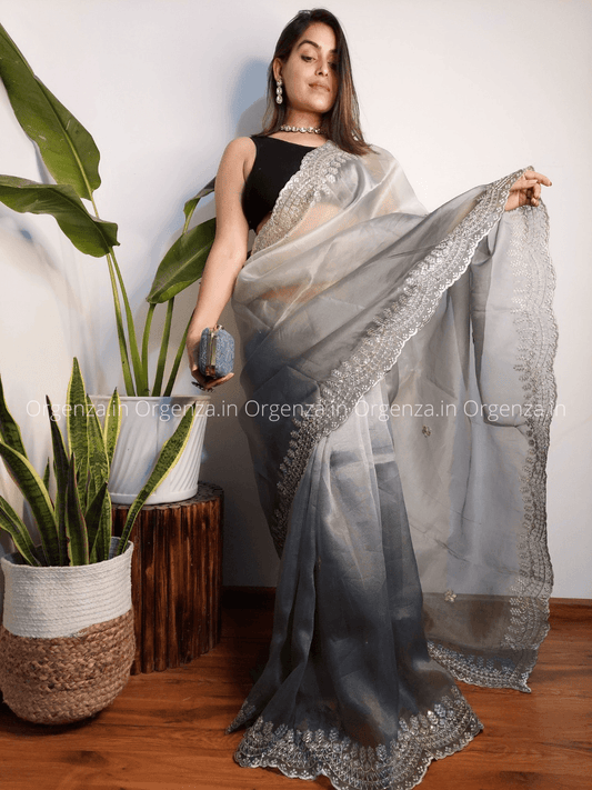 Grey And White Color Soft Organza Silk Saree - Orgenza Store