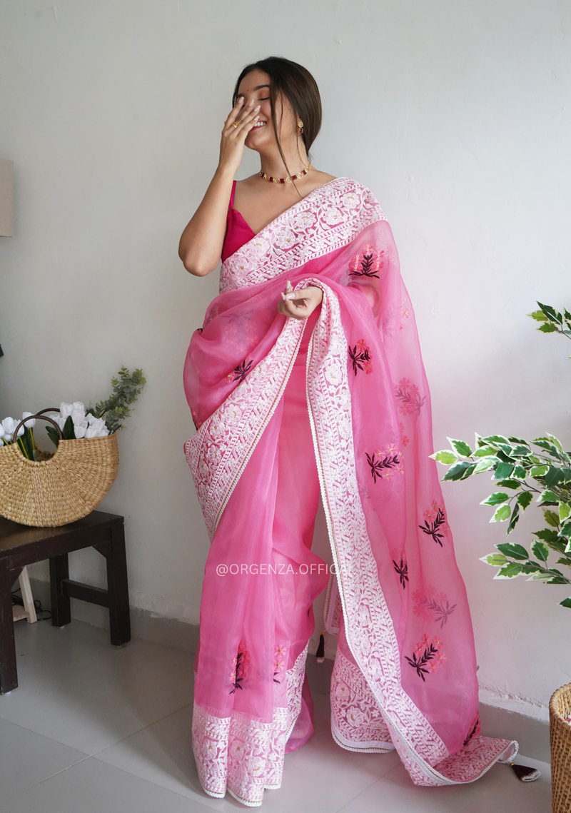 Pink Colour Organza Saree With Embroidery Work