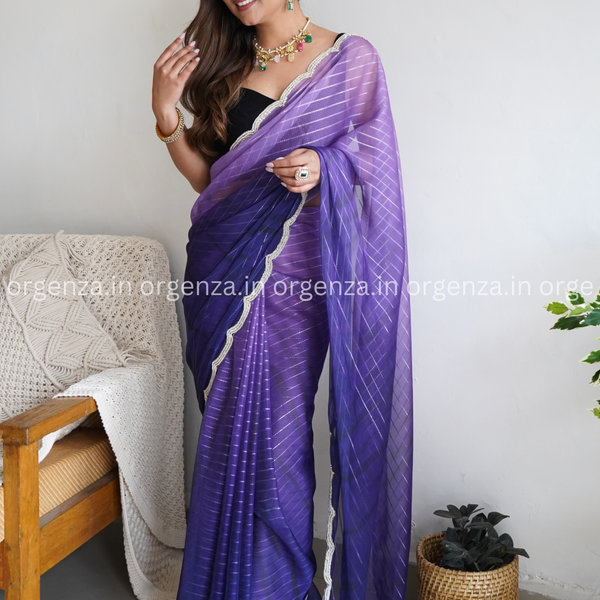 Lavender Organza Party Wear Saree With Contrast Blouse - Mejaaz Fashion