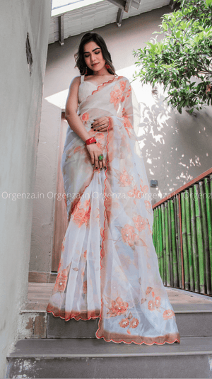 White And Orange Color Floral Printed With Cut Work Saree - Orgenza Store - digisoch