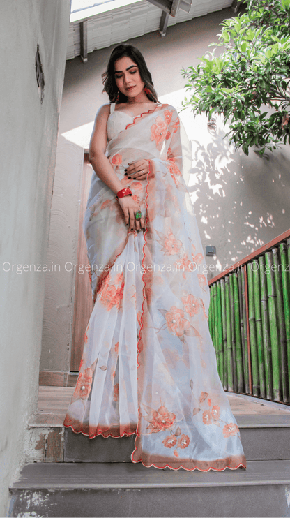 White And Orange Color Floral Printed With Cut Work Saree - Orgenza Store