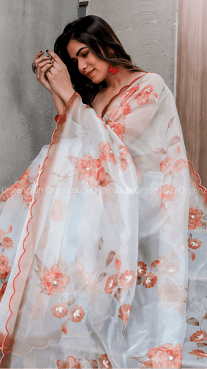 White And Orange Color Floral Printed With Cut Work Saree - Orgenza Store - digisoch