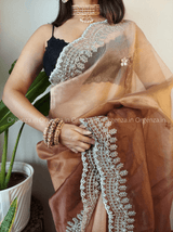 Brown And White Color Soft Organza Silk Saree With Cutwork - Orgenza Store