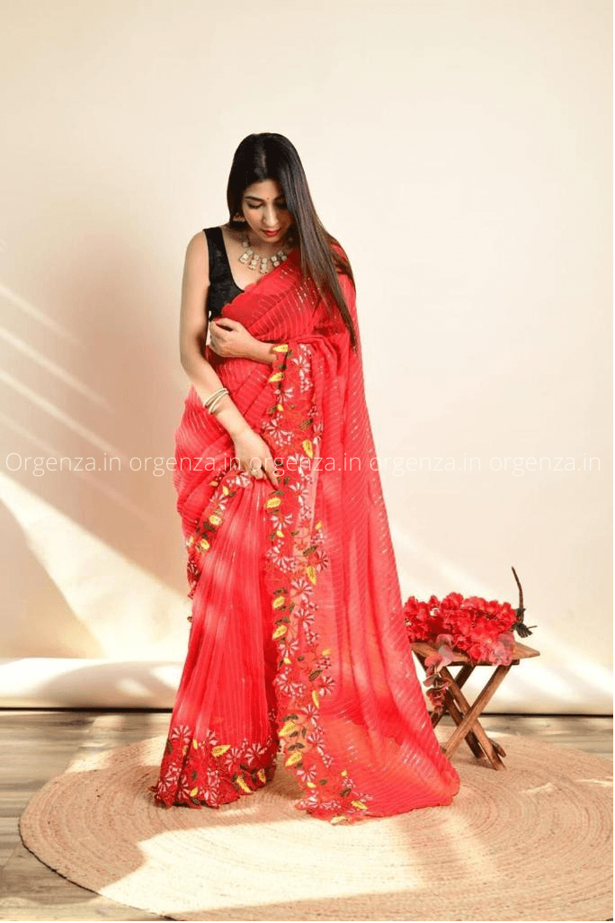 Red Colour Soft Fox Georgette Saree With Sequence - Orgenza Store