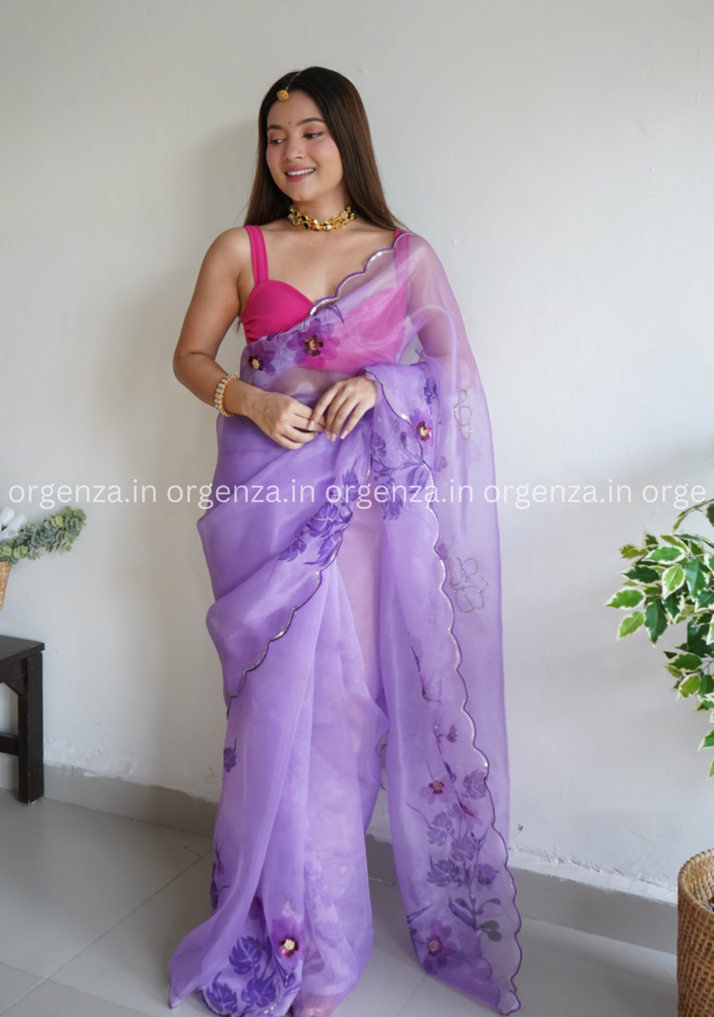 Purple Colour Organza Saree With Handwork - Orgenza Store