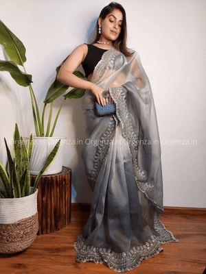 Grey And White Color Soft Organza Silk Saree - Orgenza Store - digisoch