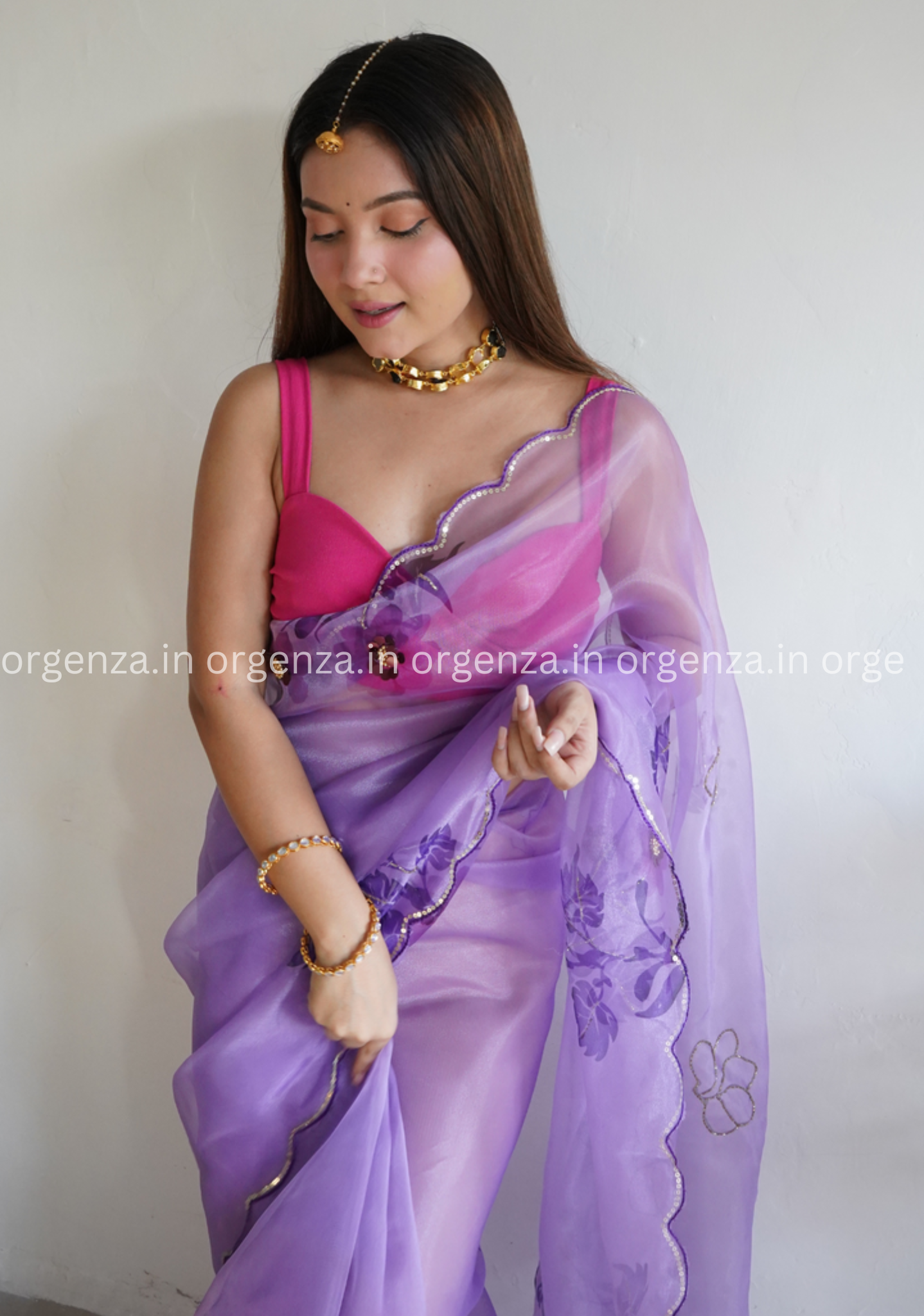 Purple Colour Organza Saree With Handwork - Orgenza Store