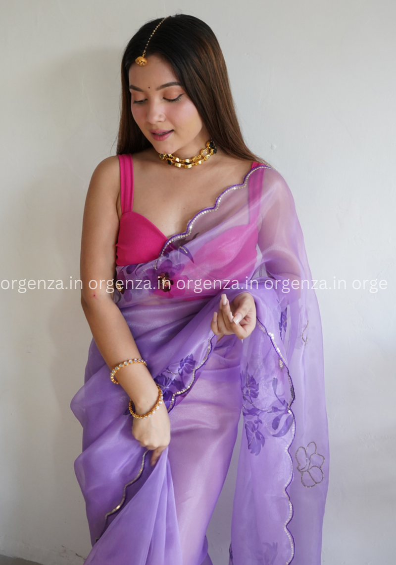 Purple Colour Organza Saree With Handwork