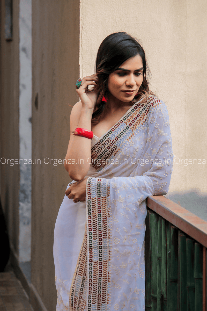 Embroidered Georgette Saree in White - Ucchal Fashion