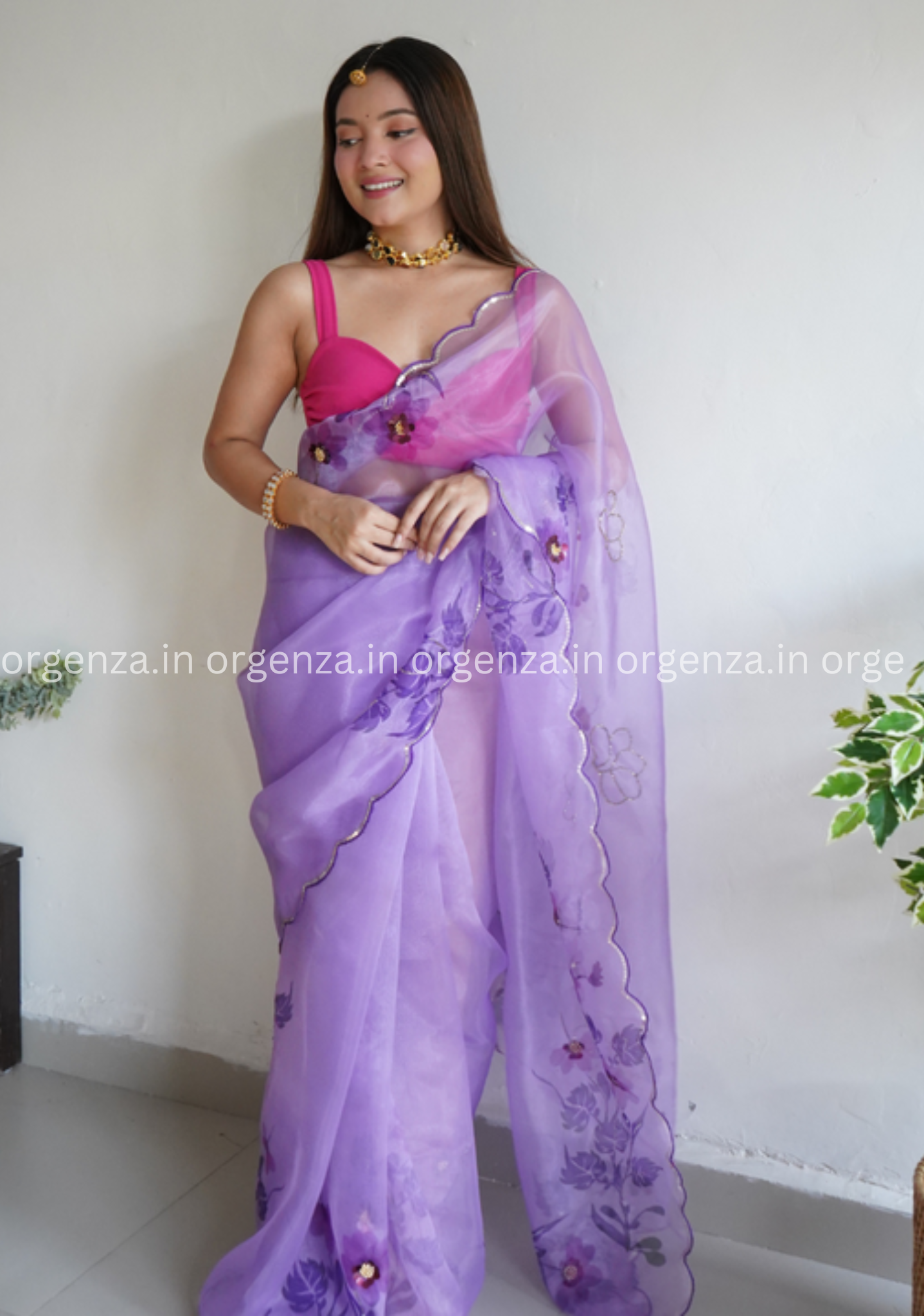 Purple Colour Organza Saree With Handwork - Orgenza Store