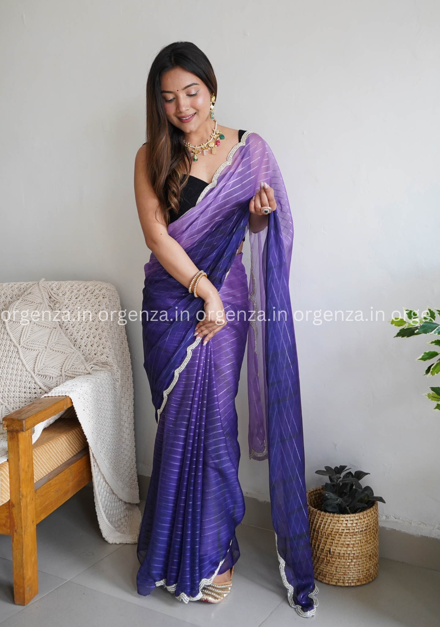 Indigo Purple Woven Tussar Silk Saree with Sequins Work - Cl