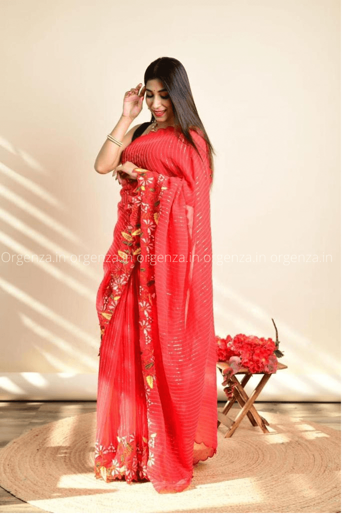 Scarlet Red Sequins & Thread Embroidered Designer Georgette Saree – Ethnos